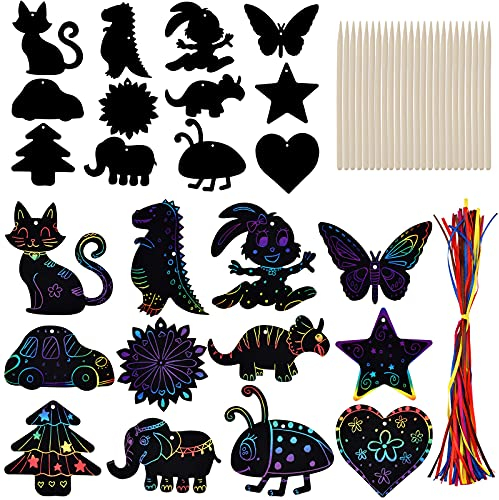 48 stk Kratzbilder, Kinder Set Magische Regenbogen scratch art Kratzpapier mit Bändern Kratzstift Fensterbilder Rubbelkarte zum Basteln Party Mitgebsel Geschenk für Geburtstage Party DIY Dekoration