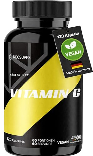 NEOSUPPS Vitamin C hochdosiert, 1000 mg pro Tagesdosis, starkes Antioxidans & Zellschutz, unterstützt Eisenaufnahme & Kollagenbildung, Nahrungsergänzungsmittel, Vegan, 120 Kapseln