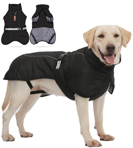 ALLSOPETS Abrigo para Perros Grandes y Medianos, Chaqueta de Invierno Reflectante y Impermeable, Cortavientos y Caliente con Cinturón Ajustable y Anillo en D para Correa (Negro Carbón, 2XL)