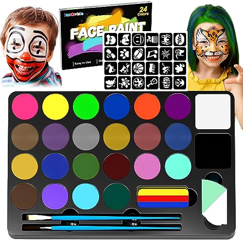 FansArriche Kinderschminke Set - 24 Farben, Make-up & Gesichtsfarben, Körperfarbe Kinder, Bodypainting, Waschbare Malpalette, Schminkset für Kinder, für Halloween, Partys, Festivals
