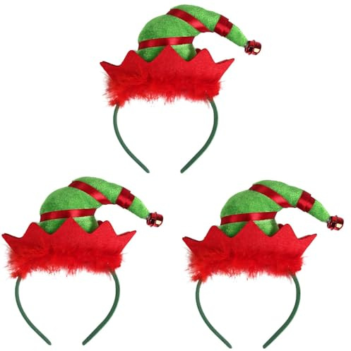 UNVOJL 3 Packs Christmas Headband Elf Hair Hoop Elf Hat Headwear with Bell Xmas Fancy Dress Accessory for Girls Boys