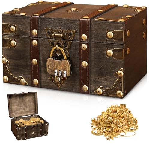 WANDGU Forziere del tesoro in legno vintage, con lucchetto a combinazione, piccolo scrigno del tesoro dei pirati, portagioie con coperchio, per compleanno dei bambini, salvadanaio con serratura,