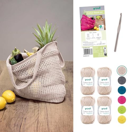 Gründl Wolle Cotton Quick uni - dünne Wolle zum Häkeln - Häkelgarn für ein Einkaufsnetz mit Anleitung und Nadel - Glänzend und hautfreundlich - 100% Baumwolle - 4 Knäuel 50 g / 125 m - Sand
