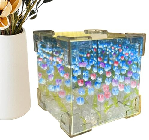 jlceh Espejo de luz nocturna con tulipanes, forma de cubo, flores de tulipanes, luz nocturna de mar, luz nocturna romántica hecha a mano, lámpara de tulipanes mágica, adorno de espejo