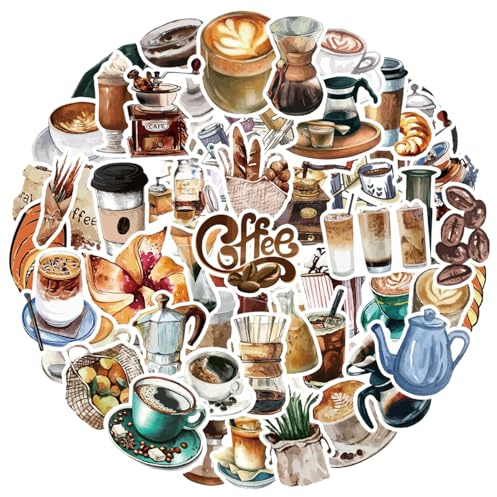 Kaffe drycker klistermärken set 50 stycken, vattentät vinyl söt café klistermärken för bärbar dator, vattenflaska, resväska, mobilskal, iPad, dagbok, scrapbook, barn ungdomar