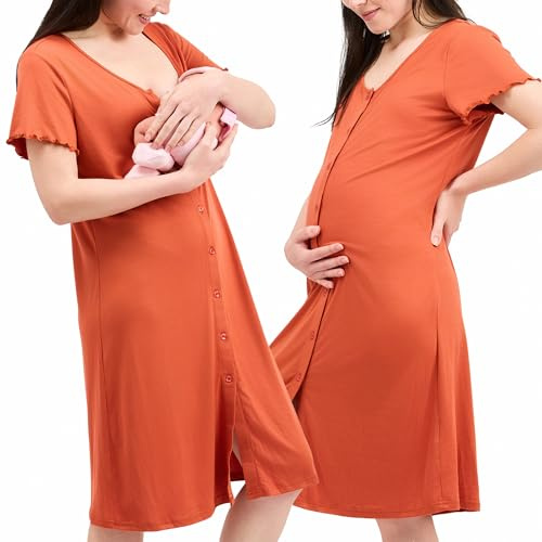 Womum Camicia da Notte Parto Ospedale con Bottoni, Camicia da Notte Premaman, 3 in 1 Allattamento, Ospedale e Gravidanza, Morbida e Transpirante per Il Massimo Comfort (XL, Arancione)