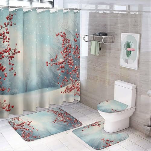 DLERFLOVR 4-Teiliges Winterdschungel-Schneeszene Duschvorhang-Sets Mit Rutschfesten Teppichen,Wc-Deckel Und Badematte Rote Beeren Duschvorhang 12 Haken,wasserdichte Badezimmer-Vorhang-Dekor-Badewanne