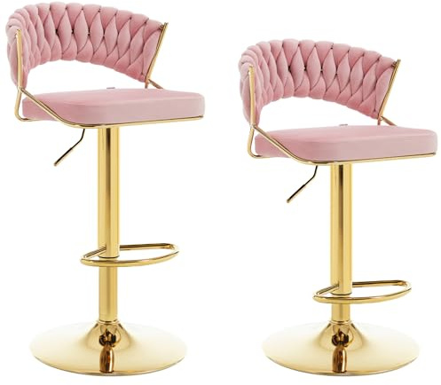 WOLTU Barhocker 2er Set höhenverstellbar, Barstühle 360° drehbar, Küchenhocker mit geflochtener Rückenlehne Fußstütze, Samthocker Metall, Rosa, BH427rs-2