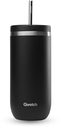 QWETCH - Cold Cup Isotherme mit Strohhalm, 600 ml, Schwarz – 24h gekühlt & 12h kalt – recycelter Edelstahl, spritzwassergeschützt – ideal für frische Getränke, Bubble Tea und Eiskaffee