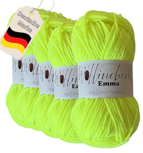 Wollinchen Emma - Gomitolo di lana per bambini, 5 x 50 g, colori vivaci, per lavorare a maglia, uncinetto, annodare o fai da te (giallo fluo)