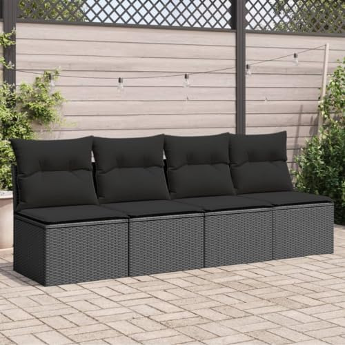 IKAYAA Gartensofa 3 Sitzer Balkon Sofa Balkon Couch Lounge Sofa Balkon Lounge Klein Balkonmöbel Rattansofa Outdoor Sitzbank Gartenmöbel Set 4-Sitzer Schwarz