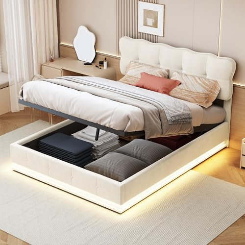 Mutuolux Polsterbett 140x200 Samt Beige – Bett mit LED Beleuchtung & Bettkasten – Mädchenbett mit Kopfteil in Wolkenform – Stauraumbett Jugendbett Schlafzimmer (140x200 cm)