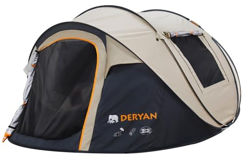 DERYAN Tienda de campaña desplegable para 4 personas – impermeable hasta 2000 mm con costuras selladas y lona extra gruesa – montada y plegada en 2 segundos – con estacas – arena