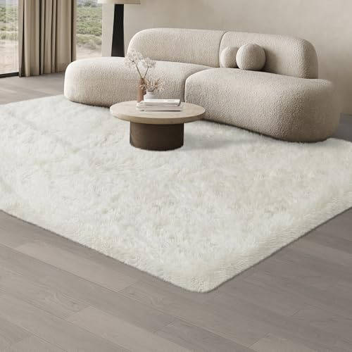 JOJOSEE Hochflor Teppich Wohnzimmer 140 x 200 cm Creme