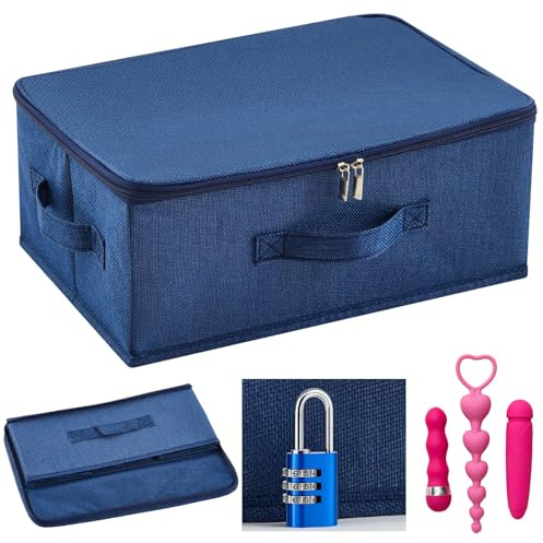 Briwooody Discreet Lockable Toy Bag Storage Organizer Toy Bag Storage Bins Case with Zipper Lid for Women and Men Clothes Container(Dark Blue,15 x 10 x 6.3 Inch)