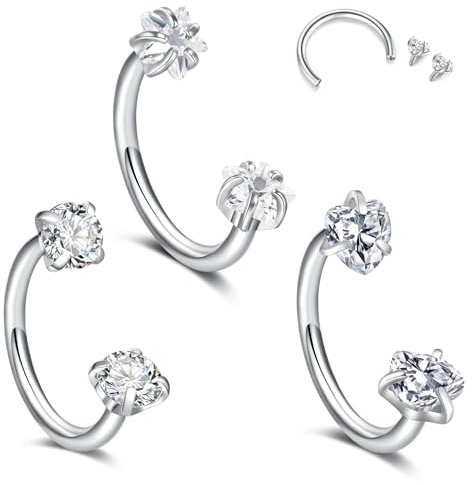 Crdifu 18G 8mm Septum Piercing Set Hufeisen Piercing Nase Silber, 1mm Nasenpiercing Ring Nasenring Innengewinde, 3 Stk Helix Piercing Hufeisen Rook Tragus Ohrring Conch Snug Edelstahl CZ