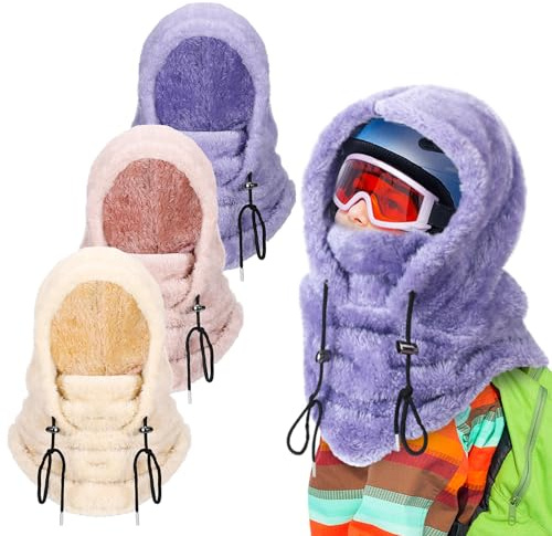 Velmitten 3 Pcs Over Helmet Balaclava Ski Mask Men Women Balaclava Windproof Fuzzy Face Mask Neck Warmer Scarf Helmet Hood(Wool,Beige, Pink, Purple)
