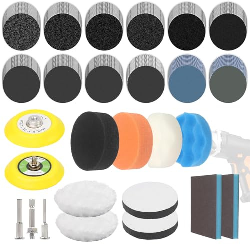 135 st. poleringsfäste sladdlösa skruvmejslar, slipskivor, polerdynor 75 mm med 2 svampblock, sandpapper kardborreband, kornstorlek 60–10 000, vått slippapper, strålkastarpoleringsset för trämöbler