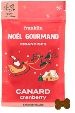 FRANKLIN – Friandises pour Chat – Snack croustillant Canard et Cranberry – Edition Noel – Digestion Facile – Peau Saine – Confort Urinaire – pour Chaton, Adultes et Senior – Sachet Recyclable – 50 g