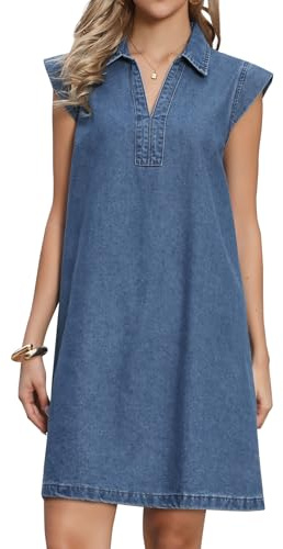 Allegra K Femme Robe en Jean Tunique Manches Courtes Col V