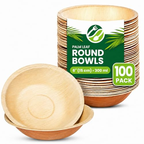 Eco Leaf Products Disposable Palm Leaf Bowls – Pack of 100, 6 (15cm) Round Compostable for Desserts & Salad, Eco-Friendly, Biodegradable, Heavy-Duty, Microwave & Oven Safe – for Weddings & Parties