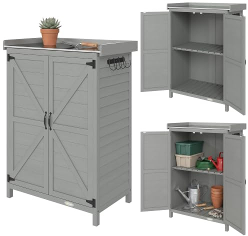 Outsunny Wooden Garden Shed with Shelf & Side Hooks 71.5 x 39 x 95 cm Grey