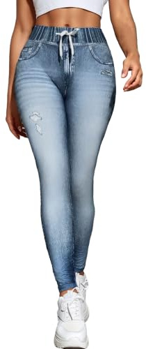 JEShifangjiusu Dam hög midja rippade jeggings stretch dragsko rumplyft denimbyxor för ledig gym dagligen