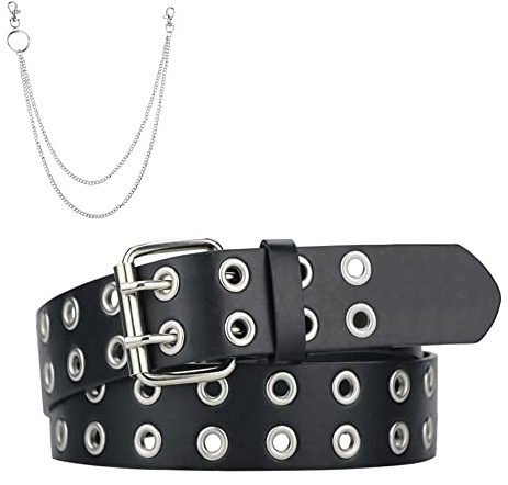 macoking Grommet Leather Belts for Women, Black Belt For Teens with Chains - Double Studded Holes-S