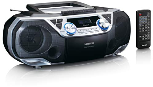 Lenco SCD-120SI - Boombox - Bluetooth 5.0 - Toploader Reproductor de CD/MP3 - Pletina de Casete - Radio FM - USB - 2 x 6 W RMS - Bass Reflex - Mando a Distancia - Plata