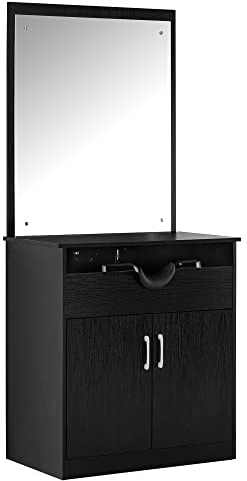 Barberpub Friseur Waschtisch Friseurwaschplatz, mit Waschbecken, mit Wandspiegel, mit Unterschrank 80 cm, Friseur Salon SPA Friseureinrichtung 3130BK, MFC+PVC, Schwarz, 47 x 84 x 169 cm