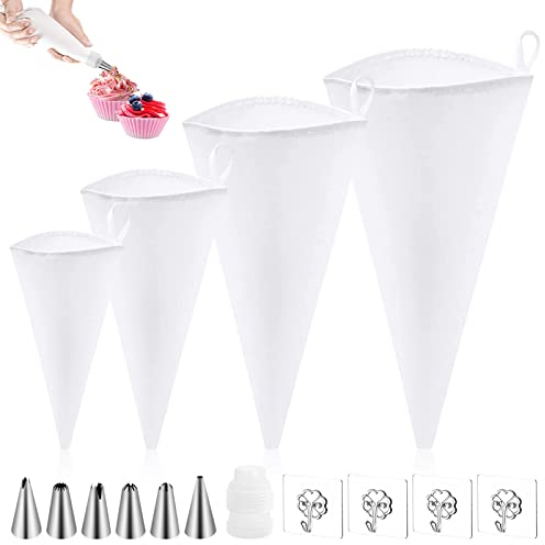 cersaty® 4 Stk Spritzbeutel, Wiederverwendbar Piping Bags mit 1 Satz Spritztüllen 4 Stk Transparent Hooks für Hausbacken Dekorieren Von Gebäck(Baumwolle)