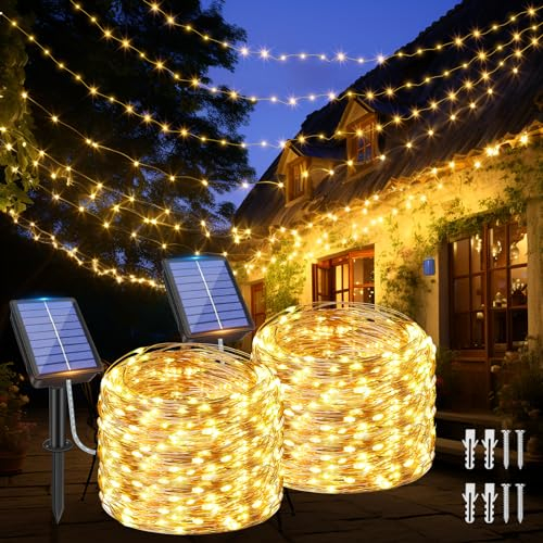 Ollny Solar Lichterkette aussen, 2x15M 150 LED lichterkette außen solar, 8 Modi IP65 wasserdicht Kupferdraht Lichterkette outdoor für Garten Balkon Terrasse Baum Hof Party (Warmweiß)