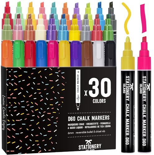 STATIONERY ISLAND Pennarelli Gesso Liquido Cancellabili, Pennarello Lavagna Cancellabili, Pennarelli Colorati Per Vetro, 6MM Set Di 30