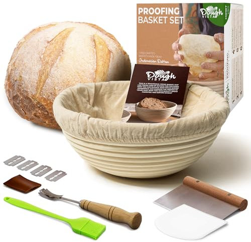 Banneton Bread Proofing Basket, 11 Pc Sourdough Starter Kit, 1 Round 9 Inch Banneton Baskets, Lame, Blades, Scrappers, Cotton Cover, Silicone Brush, and More - Complete Sourdough Bread Baking Kit