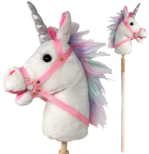 Playful Minds Stick Horse | Plush Handcrafted Hobby Horse Stick Pony Provides Fun Pretend Play for Toddlers & Preschoolers | Handsewn, Sturdy Wood, and Sound Effects (Unicorn)