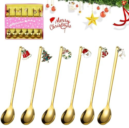 REFORUNG Cuillères à Café de Noël 6 Pièces Cuillères de Noël Cuillères à Café en Acier Inoxydable Cuillères à thé à Dessert en Acier de Noël Petite Cuillère à Dessert Emballage de Boîte-Cadeau, Or