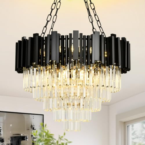 AOOCHOK Lustre Cristal Noir Piano 60cm, Suspension Contemporaine en Cristal pour Salon, Salle à Manger, Chambre, Restaurant, Plafonnier Design, E14 x 8