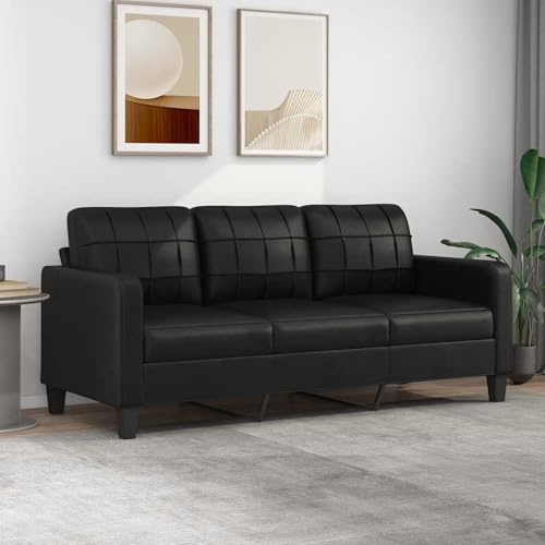 Sofá de 3 Plazas, Cómodo, Negro, Cuero Sintético, Estructura Metálica, para Salón y Estar