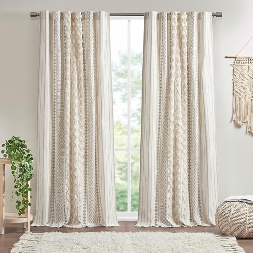 INK+IVY Imani 100% Cotton SINGLE PANEL Curtain Tufted Chenille Stripe Geometric Print Mid-Century Look Rod Pocket Top Drape for Living Room, Privacy Window Treatment for Bedroom, 50 W x 108 L, Ivory