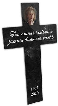 OCAP-FUNERAIRE.COM Croix Funéraire personnalisable en plexiglass avec photo ? motif marbre noir, 12x20 cm