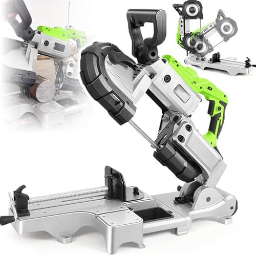 Sega a nastro da banco resistente per taglio di metalli, regolabile a 6 velocità con base in alluminio rimovibile e 5 lame, perfetta per taglio smussato da 0 a 45° in officina