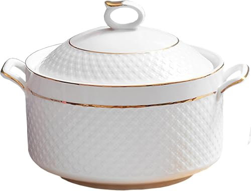 White Soup Tureen with Glass Lid Large Capacity Ceramic Soup Bowl White Porcelain Serving Bowl Gold Trim Soup Bowls with Spoon Round Bowl for Home Kitchen RestaurantWhite,3.2L