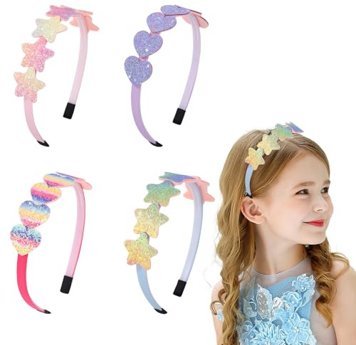 4-Piece Shiny Heart & Star Headbands Set ， Candy Gradient Rainbow Hair Accessories for Girls, Kids ， Princess Party Hairbands for Birthday Cosplay Dress Up (Non-Slip Elastic)