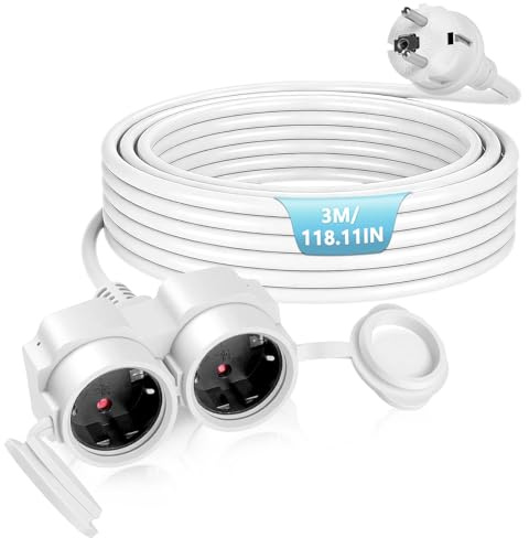 BOSYTRO Strömkabelförlängare, utomhusuttag, vattentät, med 2 uttag och dammskydd, förlängning för inomhus- och utomhusbruk, max. 3 500 W/16 A, 250 V, IP44, strömkabel 3 m