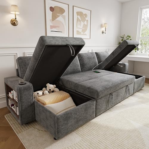 Canapé d'angle convertible en U con porte-gobelet,port USB et tablette d'accoudoir,canapé lit gigogne,méridienne double avec rangement dissimulé,canapé convertible 4 places en chenille (E-Gris)