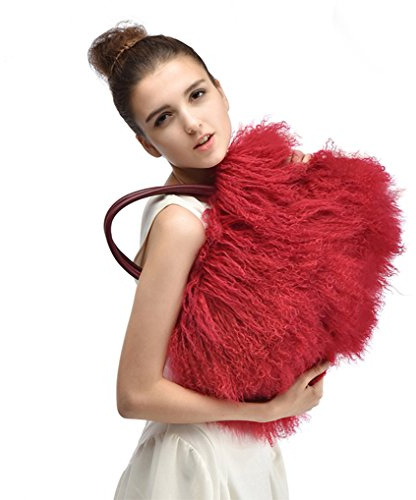 FINILUO Women Luxury Real Curly Mongolian Lamb Fur Purse Red