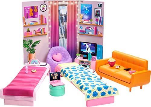 Barbie HDY77 - « Scène Libre pour Les Grands rêves » - Kit de Jeu pour dortoir avec 2 Lits, canapé, Pouf, Meubles de Chambre à Coucher, décor et Accessoires - Cadeau pour Enfants de 3 à 7 Ans