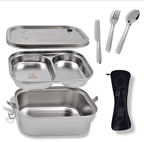 LiTuGoods® auslaufsichere Lunchbox aus Edelstahl, Bento Box XL 1500ml für Erwachsene und Kinder, inkl. Besteckset und extra Satz Gummiteilen, kann mit oder ohne Fach verwendet werden