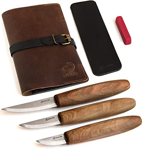 BeaverCraft Deluxe Holzschnitzwerkzeug-Kit S19x - Schnitzkit Holzschnitzmesser-Set mit Lederstreifen und Poliermittel im Lederwerkzeug-Rollbeutel (Schnitzkit S19x)