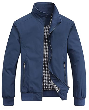 Mens Casual Summmer Bomber Jackets Full Zip Rain Coat Windbreaker Water Resistant Lightweight Outwear M-3XL Navy